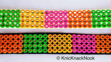 Wholesale Beige Fabric Mirrored Trim With Green, Orange, Yellow And Pink Embroidery With Mirrors